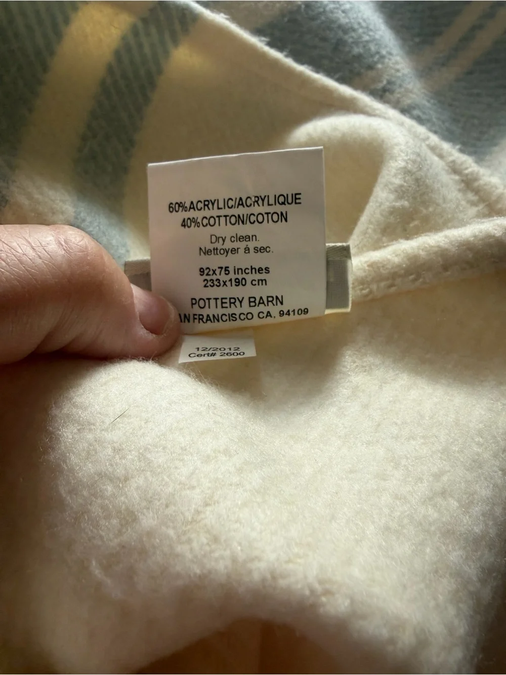 Pottery Barn Cream Throw with Light Blue Stripe Accents